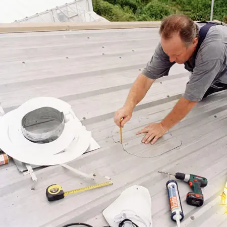 Installer measuring and marking a metal roof for a tubular skylight installation