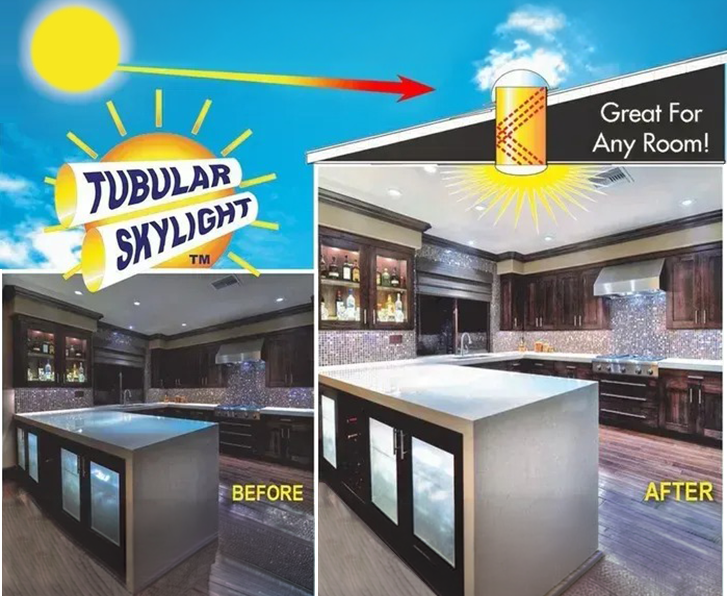 Tubular Skylight logo with an illustration of a roof tube channeling sunlight into a kitchen, shown before and after installation