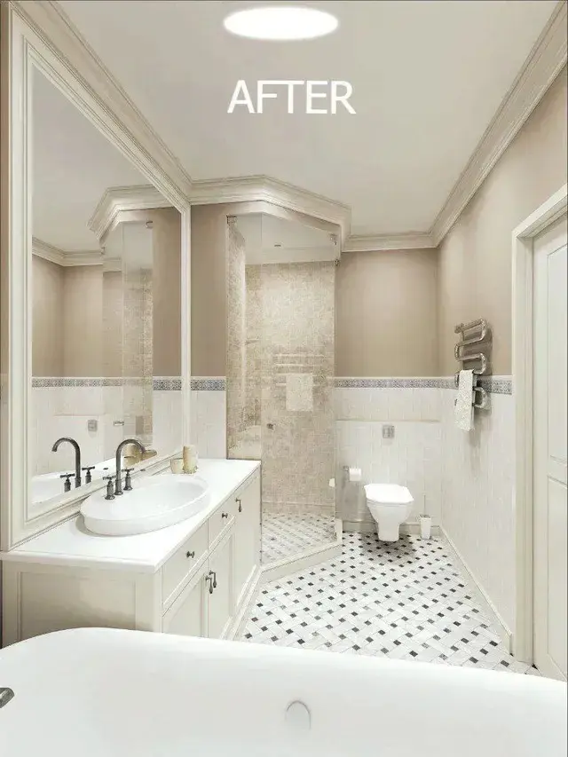 The same bathroom brightly lit after a tubular skylight was installed