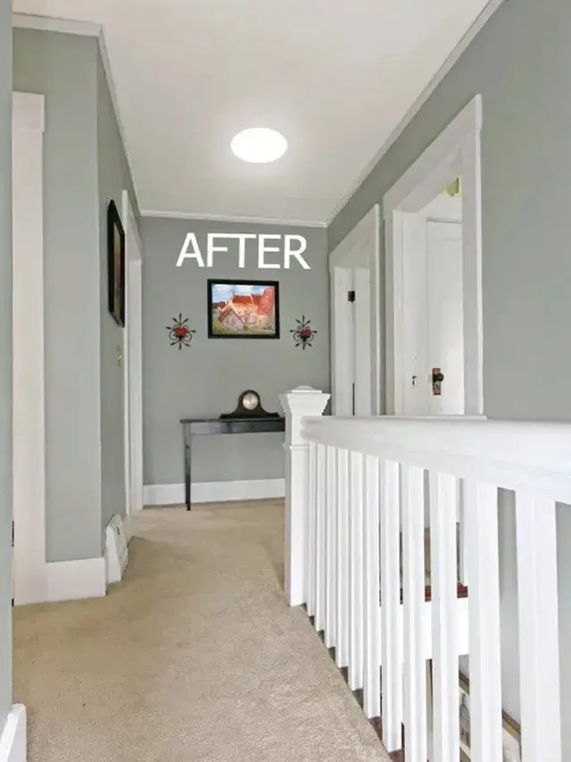 The same hallway brightly lit after a tubular skylight was installed