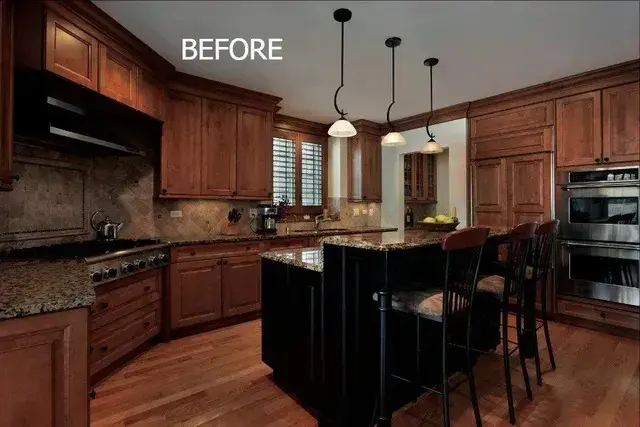 Kitchen with wood cabinets and a dark island before a tubular skylight was installed