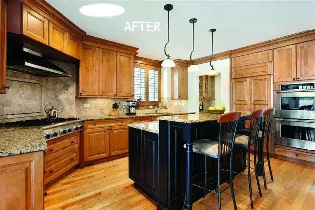 The same kitchen filled with natural light after a tubular skylight was installed